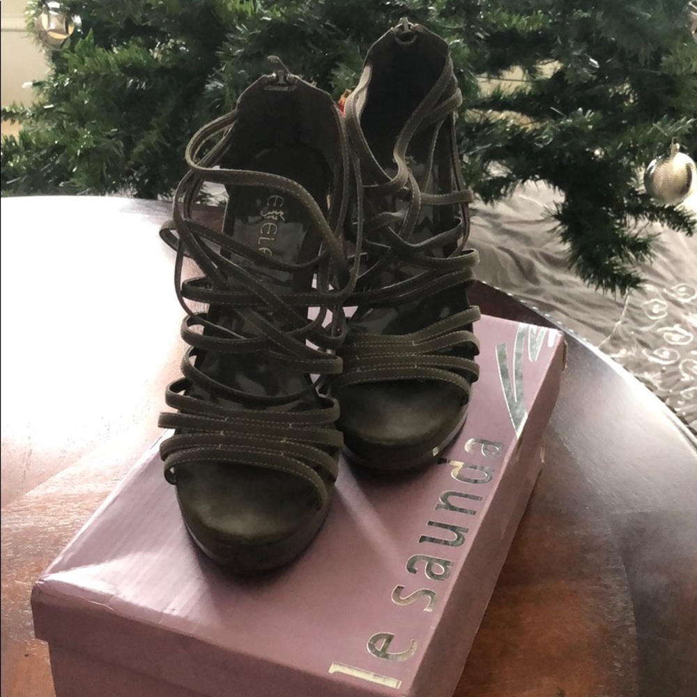 Grey laced heels with back zippers